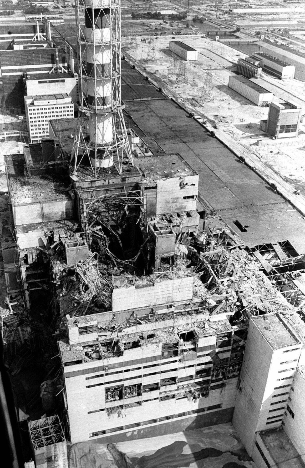 Chernobyl Nuclear Power Plant after the 1986 accident, reactor 4 at left