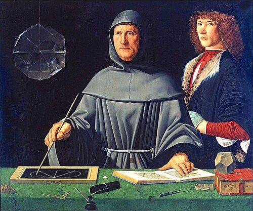 Portrait of Luca Pacioli demonstrating geometry, attributed to Jacopo de' Barbari.