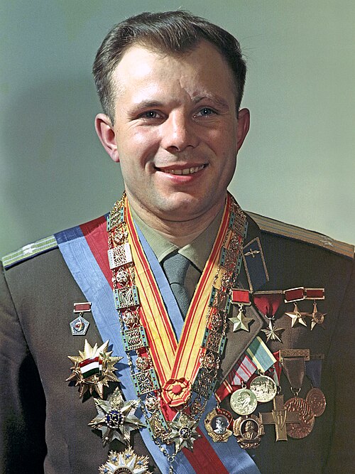 Yuri Gagarin in his cosmonaut helmet, 1961.