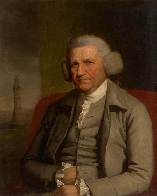 Portrait of John Smeaton, the first self-described civil engineer, with the Eddystone Lighthouse behind him.