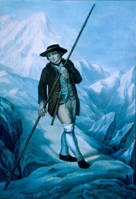 Statue of Jacques Balmat in Chamonix, pointing toward the summit of Mont Blanc.