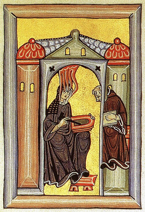 Medieval illuminated manuscript portrait of Hildegard von Bingen
