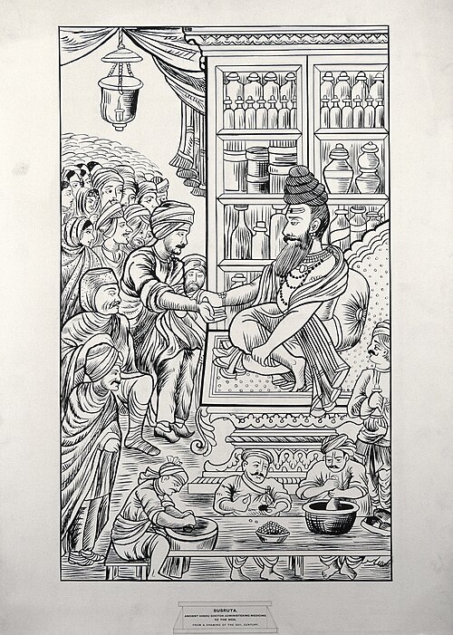 Traditional depiction of the ancient Indian surgeon Sushruta.