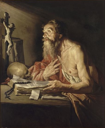 A painting of St Jerome working over manuscripts in his study.