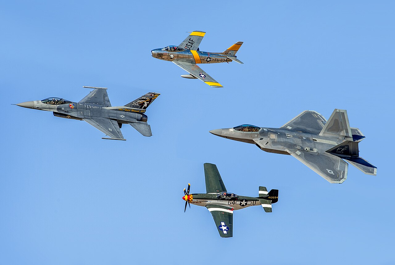 Historical jet fighters in flight or on display